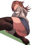  1girl ass brown_eyes brown_hair denim denim_skirt from_below fu-ta hair_between_eyes hair_ornament hairclip highres long_hair no_shoes original panties pantyshot skirt solo striped striped_panties teeth thighhighs thighs underwear usami_taiga 