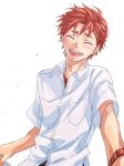  1boy bangs blush closed_eyes collared_shirt laughing lower_teeth male_focus muiko_i open_mouth parted_bangs red_hair red_shirt robotics;notes shirt short_hair short_sleeves teeth undershirt upper_body upper_teeth watch white_background white_shirt wristwatch yashio_kaito 