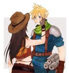  1boy 1girl armor bandaid bandaid_on_cheek bandaid_on_face bare_shoulders black_hair blonde_hair blue_eyes blush bracelet brown_skirt brown_vest cloud_strife cowboy_hat crisis_core_final_fantasy_vii crop_top earrings final_fantasy final_fantasy_vii final_fantasy_vii_remake gloves hand_on_another&#039;s_face hat highres jewelry long_hair looking_at_another mmariesr scarf shinra_infantry shinra_infantry_uniform shoulder_armor skirt smile spiked_hair tifa_lockhart vest 
