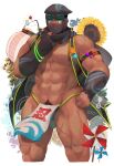  1boy abs armband bara biceps black_eyes covered_mouth crow_(siranui) elbow_gloves feet_out_of_frame fingerless_gloves floral_print flower food fundoshi gloves goggles goggles_on_head hand_on_hip highres jacket jacket_lift japanese_clothes kanji kunai large_pectorals loincloth loincloth_lift male_focus manly mask mature_male mouth_mask muscular muscular_male navel navel_hair ninja ninja_mask no_pants no_shirt open_clothes open_jacket original pectorals plant scar scarf shuriken simple_background sleeveless solo sunflower thick_arms thick_thighs thighs weapon white_background 