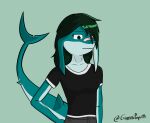  anthro clothed clothing digital_media_(artwork) female fish giannipapetti green_hair hair hi_res marine shark signature simple_background solo teal_body 
