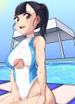  1girl absurdres black_hair breasts brown_eyes circle_cutout cowboy_shot gongjong highleg highleg_swimsuit highres long_hair looking_at_viewer original poolside solo swimsuit turtleneck two-tone_swimsuit underboob wet wet_clothes wet_swimsuit white_swimsuit 