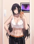  1girl abs artist_name bangs bare_shoulders belt black_choker black_pants breasts brown_hair choker cleavage closed_mouth commission crop_top hair_over_one_eye hand_on_hip highres holding holding_phone hunyan indoors long_hair looking_at_viewer mirror muscular muscular_female navel original pants phone picture_frame selfie shirt solo tongue tongue_out white_shirt 