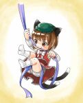  1girl :3 animal_ears bangs biting bloomers blush bow bowtie brown_eyes brown_hair cat_ears cat_tail chen closed_mouth commentary_request full_body green_headwear grimay hat long_sleeves mob_cap multiple_tails red_skirt red_vest shirt short_hair skirt skirt_set socks solo tail touhou two_tails underwear v-shaped_eyebrows vest white_bloomers white_bow white_bowtie white_shirt white_socks 