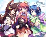  3girls animal_ears black_shirt blue_bow blue_eyes blue_hair blush bow brown_hair cloak closed_mouth cowboy_shot crescent crescent_hair_ornament dress drill_hair fang fingernails grass_root_youkai_network green_kimono hair_bow hair_ornament head_fins imaizumi_kagerou isu_(is88) japanese_clothes kimono long_hair long_sleeves mermaid monster_girl multiple_girls nail_polish obi open_mouth pleated_skirt red_cloak red_eyes red_hair red_nails red_skirt sash sekibanki sharp_fingernails shirt short_hair skirt smile tail touhou wakasagihime white_dress wide_sleeves wolf_ears wolf_tail 