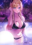  1girl adjusting_hair arm_behind_back bare_shoulders bikini black_bikini blonde_hair blue_eyes blurry blurry_background breast_tattoo breasts collarbone demon_horns demon_tail demon_wings hand_up haro_art heart heart_tattoo hololive horns large_breasts lights long_hair looking_at_viewer navel night parted_lips pointy_ears pool solo stomach straight_hair swimsuit tail tattoo thigh_gap thighs very_long_hair virtual_youtuber wading water wet wings yuzuki_choco 