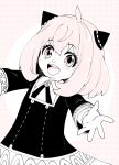  1girl ahoge anya_(spy_x_family) blush eden_academy_uniform female_child hair_between_eyes hairpods long_sleeves looking_at_viewer medium_hair monochrome muiko_i open_mouth outstretched_arms pink_background pink_eyes pink_hair pink_theme smile solo spy_x_family teeth upper_body upper_teeth 
