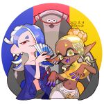  1boy 2girls asymmetrical_hair big_man_(splatoon) blue_hair cephalopod_eyes crop_top cropped_shirt dark-skinned_female dark_skin fangs frye_(splatoon) hair_ornament hair_over_one_eye hand_fan looking_at_viewer multiple_girls poncho pose red_eyes see-through shiver_(splatoon) sleeveless smile splatoon_(series) splatoon_3 stingray suyu38 tentacle_hair turtleneck 