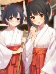  2girls absurdres bamboo_broom black_hair blurry blurry_background blush bow broom hair_bow hakama hakama_pants highres idolmaster idolmaster_cinderella_girls japanese_clothes kimono looking_at_viewer miko miss_fortune_(idolmaster) mmmakaron888 multiple_girls pants shiragiku_hotaru short_hair shrine signature smile takafuji_kako white_kimono wide_sleeves 