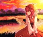  1girl animal_ears bird_ears bird_wings blush brown_dress brown_headwear closed_mouth dress frilled_sleeves frills hair_between_eyes hat highres lake long_sleeves mystia_lorelei pink_hair red_eyes short_hair solo touhou umino_(anesthesia) upper_body white_wings wide_sleeves winged_hat wings 