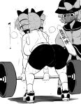  2girls armband ass barbell bike_shorts breasts censored drill_hair hat highres himajin_noizu implied_futanari komeiji_koishi large_breasts multiple_girls no_mouth novelty_censor ribbon shaded_face sweat touhou weightlifting yorigami_jo&#039;on 