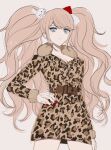  1girl animal_print arm_at_side bangs belt bow breasts brown_belt brown_jacket bunny_hair_ornament cleavage collarbone cowboy_shot danganronpa_(series) danganronpa_3_(anime) enoshima_junko grey_background grey_eyes hair_bow hair_ornament hand_on_hip highres jacket large_breasts leopard_print long_hair official_alternate_costume red_bow serious simple_background solo twintails vo1ez white_bow 