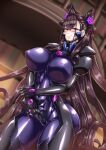  1girl absurdly_long_hair armor ayuayu_(shouyu_no_sato) bodysuit breasts brown_hair cone_hair_bun covered_navel covered_nipples cowboy_shot double_bun fate/grand_order fate_(series) fortified_suit gem glasses hair_bun hair_up large_breasts long_hair looking_at_viewer murasaki_shikibu_(fate) muvluv muvluv_alternative pilot_suit purple_eyes purple_gemstone skin_tight smile solo very_long_hair 