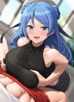  1boy 1girl abs bangs black_sweater blue_eyes blue_hair blush breasts collarbone covered_nipples double_bun grey_shorts hair_bun hat hetero highres ichikawa_feesu implied_paizuri kantai_collection large_breasts long_hair looking_at_viewer open_mouth pov short_shorts shorts sleeveless sleeveless_sweater smile solo_focus sweater toned toned_male urakaze_(kancolle) white_headwear 