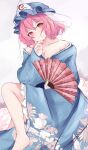  1girl absurdres bare_shoulders blue_kimono blush hand_fan hat head_tilt highres japanese_clothes kimono looking_at_viewer mob_cap nail_polish off_shoulder orchid_(orukido) paper_fan pink_eyes pink_hair saigyouji_yuyuko simple_background sketch smile solo touhou 