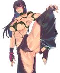  1girl abs baggy_pants black_hair collar gloves han_juri leg_up long_hair looking_at_viewer minew multicolored_hair muscular muscular_female pants pink_eyes purple_hair solo street_fighter street_fighter_6 tattoo white_background 