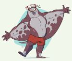  anthro batoid belly big_man_(splatoon) bottomwear clothing cosmicboy02 fish happy headgear headwear hi_res male manta_ray marine muscular nintendo open_mouth pecs shorts smile solo splatoon splatoon_(series) splatoon_3 spread_arms toony video_games 