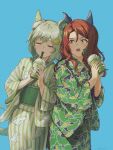  2girls alternate_costume animal_ears blue_background brown_hair closed_eyes cup disposable_cup drinking ear_covers frappuccino green_hair green_kimono hair_between_eyes hair_ornament hair_scrunchie hairclip highres holding holding_cup horse_ears horse_girl japanese_clothes kaede_(harutan109) kimono king_halo_(umamusume) long_hair looking_at_another matcha_(food) multiple_girls obi red_eyes sash scrunchie seiun_sky_(umamusume) short_hair simple_background striped striped_kimono umamusume white_scrunchie yukata 