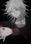  1boy absurdres archetto_l black_background black_jacket black_pants choker closed_mouth collarbone danganronpa_(series) danganronpa_another_episode:_ultra_despair_girls grey_hair hair_between_eyes highres jacket komaeda_nagito male_focus messy_hair open_clothes open_jacket pants red_shirt servant_(danganronpa) shirt simple_background solo two-tone_shirt 