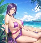  1girl absurdres armlet bangs bare_shoulders beach bikini blue_sky blush breasts choker cleavage collarbone fate/grand_order fate_(series) highres large_breasts long_hair looking_at_viewer minamoto_no_raikou_(fate) minamoto_no_raikou_(swimsuit_lancer)_(fate) navel parted_bangs purple_bikini purple_eyes purple_hair shore shui_xiao sitting sky smile solo swimsuit thighs very_long_hair 