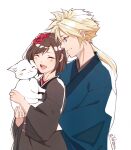  1boy 1girl alternate_hairstyle animal black_hair blonde_hair blue_eyes brown_hair cat cloud_strife final_fantasy final_fantasy_vii final_fantasy_vii_remake flower hair_flower hair_ornament happy holding holding_animal japanese_clothes kimono long_sleeves looking_at_another low_ponytail mmariesr official_alternate_costume short_hair smile spiked_hair tifa_lockhart tifa_lockhart&#039;s_exotic_dress white_background 