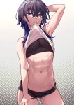  1girl abs arm_behind_head armpits bangs bare_shoulders black_bra black_hair black_panties black_shorts blue_hair bra breasts clothes_in_mouth clothes_lift clothes_pull colored_inner_hair crossed_bangs ear_piercing earrings highres ichinose_uruha jewelry long_hair looking_at_viewer medium_breasts mouth_hold multicolored_hair navel open_clothes open_shorts panties piercing purple_eyes shirt_in_mouth shirt_lift short_shorts shorts shorts_pull solo stomach streaked_hair stud_earrings tank_top toned underwear uso_ashio virtual_youtuber vspo! white_tank_top 
