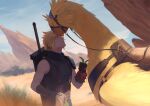  armor bag belt bird blonde_hair blue_eyes blue_shirt buster_sword chocobo closed_eyes cloud_strife cowboy_shot final_fantasy final_fantasy_vii final_fantasy_vii_remake food forehead-to-forehead gloves grass harness heads_together ho_fan holding holding_bag holding_food looking_at_another male_focus materia mountain multiple_belts outdoors parted_lips reins saddle shirt short_hair shoulder_armor sleeveless sleeveless_turtleneck spiked_hair suspenders turtleneck weapon weapon_on_back 