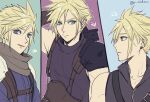  1girl age_difference age_progression armor blonde_hair blue_eyes buster_sword cloud_strife crisis_core_final_fantasy_vii earrings final_fantasy final_fantasy_vii final_fantasy_vii_advent_children final_fantasy_vii_remake high_collar jewelry nidou_(rechlo) shinra_infantry shinra_infantry_uniform shoulder_armor sleeveless sleeveless_turtleneck spiked_hair sweater turtleneck turtleneck_sweater upper_body weapon weapon_on_back 
