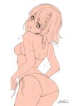  1girl back bangs bare_shoulders bikini blush braid breasts highres looking_at_viewer looking_back monochrome open_mouth original short_hair sketch small_breasts solo standing swimsuit unasaka_ryou white_background 