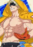  1boy abs bara biceps blonde_hair boku_no_hero_academia fat_gum_(boku_no_hero_academia) feet_out_of_frame gloves hood hooded_jacket jacket large_pectorals looking_at_viewer male_focus manly mask mature_male muscular muscular_male nipples open_clothes open_jacket pants pectorals short_hair smirk solo teeth thick_arms upper_body yan_(bltyann) yellow_eyes 