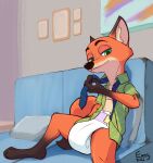  anthro bed canid canine clothing diaper digitigrade disney extry fox furniture hi_res looking_at_viewer male mammal necktie nick_wilde paws photo pillow shirt sitting solo topwear unbuttoned_shirt untied zootopia 