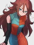  1girl android_21 blue_eyes breasts checkered_clothes checkered_dress dragon_ball dragon_ball_fighterz dress glasses grey_background hair_between_eyes kemachiku looking_at_viewer medium_breasts red_hair solo 