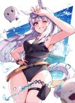  1girl animal_ears artist_name bangs black_swimsuit blunt_bangs breasts casual_one-piece_swimsuit eyewear_on_head gold_ship_(run_revolt_launcher)_(umamusume) gold_ship_(umamusume) grey_hair highres horse_ears horse_girl horse_tail large_breasts long_hair looking_at_viewer misoni_(mi_so_ni_t) official_alternate_costume one-piece_swimsuit one_eye_closed purple_eyes smile solo sunglasses super_smashing_summer_vacation_(umamusume) swimsuit tail thigh_pouch umamusume 