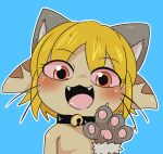  adult_(lore) anthro bamfear bell blonde_hair blush brown_body bust_portrait cat_costume clothing collar costume doneru fake_cat_ears fake_ears fangs featureless_chest female gesture hair hi_res looking_at_viewer pawpads portrait simple_background smile solo tany_(doneru) waving waving_at_viewer whiskers young 