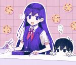  ... 1boy 1girl bento black_eyes black_hair blush bowl bright_pupils chopsticks collared_shirt colored_skin cookie food geckoyutuyamori holding holding_chopsticks long_hair looking_at_another mari_(omori) neckerchief omori omori_(omori) open_mouth purple_eyes purple_hair red_neckerchief shirt short_hair short_sleeves smile sparkle speech_bubble spoken_ellipsis white_pupils white_shirt white_skin 