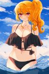  1girl absurdres arms_behind_back ash_(cat7evy) ass_visible_through_thighs bare_arms bare_shoulders bikini black_bikini breasts cleavage closed_mouth cloud collarbone cowboy_shot dot_nose hair_between_eyes highres korean_commentary long_hair navel off-shoulder_bikini off_shoulder official_art orange_hair original outdoors red_eyes side_ponytail sky smile solo split_mouth stomach swimsuit thigh_gap thighs wading wet 