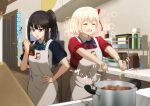  2girls :d ^_^ absurdres apron arema black_hair blonde_hair closed_eyes commentary_request food hair_ribbon highres holding indoors inoue_takina kitchen lycoris_recoil multiple_girls nishikigi_chisato open_mouth pepper ponytail purple_eyes red_ribbon ribbon short_hair smile translation_request uniform white_apron 
