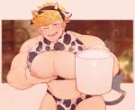  1boy absurdres alternate_costume animal_ears animal_print bangs bara bare_pectorals blonde_hair blush briefs bulge character_name commentary commission cow_boy cow_ears cow_print cow_tail cup fake_animal_ears falling_petals granblue_fantasy green_eyes highres holding holding_cup large_pectorals male_focus male_lactation male_underwear manboobs milk muscular muscular_male navel nipples one_eye_closed open_mouth pectoral_lift pectorals petals rapbitan short_hair smile solo spilled_milk tail underwear vane_(granblue_fantasy) 