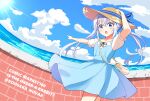  1girl absurdres arm_up bag bangs blue_dress blue_eyes blue_hair blue_sky brick_wall brown_headwear cloud collarbone commentary_request copyright_name day dress gochuumon_wa_usagi_desu_ka? hair_between_eyes hair_ornament hand_on_headwear hat highres horizon kafuu_chino kousaka_nobaku long_hair looking_at_viewer ocean open_mouth outdoors puffy_short_sleeves puffy_sleeves shirt short_sleeves shoulder_bag sky sleeveless sleeveless_dress solo sun_hat sunlight teeth twintails twitter_username upper_teeth very_long_hair water white_shirt x_hair_ornament 