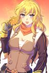  1girl artist_name bandana blonde_hair breasts cleavage flower highres holding holding_flower jacket kio_rojine long_hair official_alternate_costume orange_background prosthesis prosthetic_arm purple_eyes rwby solo yang_xiao_long 