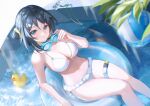  1girl absurdres arknights ball bangs bare_arms bare_shoulders beachball bikini black_hair breasts feet_out_of_frame goggles goggles_around_neck golem_(he_ji_gao) highres la_pluma_(arknights) la_pluma_(summer_flowers)_(arknights) lanyard large_breasts looking_at_viewer navel official_alternate_costume parted_lips purple_eyes rubber_duck short_hair sitting solo stomach swimsuit thigh_strap thighs white_bikini 