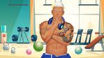  1boy abs arm_tattoo bara dark-skinned_male dark_skin dumbbell eyebrow_cut facial_hair goatee gym hand_on_own_chin hand_up headphones headphones_around_neck highres indie_virtual_youtuber itto_(mentaiko) jewelry large_pectorals laurel_crown lei_bailin looking_to_the_side male_focus mature_male muscular muscular_male navel nipples official_art pectorals ring scar scar_on_face scar_on_forehead second-party_source short_hair sideburns solo stomach stroking_own_chin tattoo thick_eyebrows topless_male virtual_youtuber white_hair 