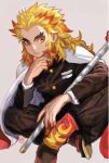  1boy absurdres blonde_hair breasts brown_background closed_mouth flame_print hair_slicked_back head_rest highres katana kimetsu_no_yaiba long_hair male_focus multicolored_eyes multicolored_hair orange_eyes orange_pupils red_eyes red_hair rengoku_kyoujurou scabbard sheath sheathed shiren_(ourboy83) signature simple_background sitting solo sword uniform weapon 