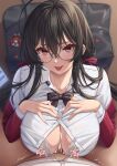  1boy 1girl absurdres ahoge azur_lane bag bag_charm bespectacled black_bow black_bowtie black_hair blush bow bowtie bra breasts cellphone charm_(object) collarbone cum cum_on_body ejaculation glasses hair_bow hetero highres honolulu_(azur_lane) honolulu_(umbrella_girl)_(azur_lane) large_breasts long_hair looking_at_viewer momo_no_sukebe official_alternate_costume overflow paizuri paizuri_under_clothes perpendicular_paizuri phone red_bow red_eyes school_bag school_uniform smartphone solo_focus sweat taihou_(kancolle) taihou_(sweet_time_after_school)_(azur_lane) tongue tongue_out trembling twintails underwear white_bra 