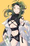  1girl ;d antenna_hair arknights ass_visible_through_thighs bare_shoulders black_swimsuit breasts bridal_gauntlets casual_one-piece_swimsuit center_opening contrapposto cowboy_shot cup drink drinking_glass gavial_(arknights) green_hair grin highres holding holding_cup jacket kamatpit large_breasts long_hair long_sleeves looking_at_viewer nail_polish navel official_alternate_costume one-piece_swimsuit one_eye_closed open_clothes open_jacket parted_lips pointy_ears ponytail sharp_teeth simple_background smile solo swimsuit teeth underboob v-shaped_eyebrows visor_cap white_jacket yellow_background yellow_eyes yellow_nails 