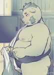  2022 anthro asian_clothing belly big_belly clothing detailed_background east_asian_clothing fundoshi genitals gouryou hi_res humanoid_hands inside japanese_clothing kemono lifewonders locker_room male mammal moobs nipples overweight overweight_male penis solo suid suina sus_(pig) tokyo_afterschool_summoners umekemo42 underwear video_games white_clothing white_fundoshi white_underwear wild_boar 