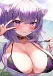  1girl :3 absurdres animal_ear_fluff animal_ears bikini bikini_under_clothes black_bikini blush breasts buckle cat_ears cleavage closed_mouth collar collarbone day grey_shirt highres hololive huge_breasts light_rays looking_at_viewer mochitsuki_karen nekomata_okayu open_clothes open_shirt outdoors purple_bikini purple_eyes purple_hair shirt short_hair signature smile solo steaming_body sunbeam sunlight sweat swimsuit two-tone_bikini upper_body v 