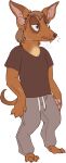  anthro black_clothing black_nose black_shirt black_t-shirt black_topwear blue_eyes bottomwear brown_body brown_ears brown_eyes brown_fur brown_hair canid canine canis clothed clothing domestic_dog fur glistening glistening_eyes glistening_nose grey_bottomwear grey_clothing grey_pants hair hi_res imperatorcaesar male mammal mouth_closed multicolored_eyes narrowed_eyes pants pink_inner_ear resting_bitch_face shirt signature simple_background solo t-shirt tan_body tan_fur topwear two_tone_eyes white_background 