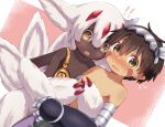  ! !! 1boy 1girl blush brown_eyes brown_hair clant_st claws dark-skinned_female dark-skinned_male dark_skin dutch_angle extra_arms facial_mark fang faputa fewer_digits hairband made_in_abyss mechanical_arms monster_girl navel open_mouth regu_(made_in_abyss) topless_male very_dark_skin white_fur 