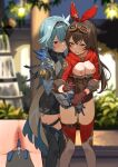  2girls absurdres amber_(genshin_impact) bangs black_hairband blue_hair blurry blurry_background blush bottomless bow_hairband breasts breasts_out brown_gloves brown_hair crossed_bangs eula_(genshin_impact) fingering genshin_impact gloves goggles goggles_on_head hair_between_eyes hairband heart highres lemontyoisy_r18 long_hair looking_at_another medium_breasts multiple_girls nipples open_clothes open_mouth outdoors pussy_juice raised_eyebrows red_hairband short_hair shorts standing sweat thigh_strap thighhighs vision_(genshin_impact) yuri zettai_ryouiki 